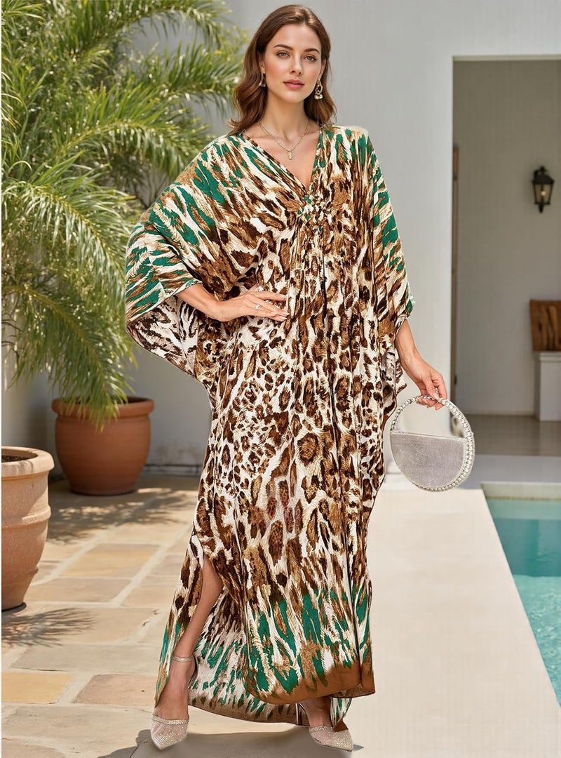 IMAGEKOPE Women's Plus Size Animal Print V-Neck Batwing Kaftan Beach Dress Bathing Suit Cover-Up Loungewear - Image 5